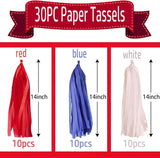 30PCS Red White Blue Tissue Paper Tassel Garland Patriotic Party Streamer Decorations