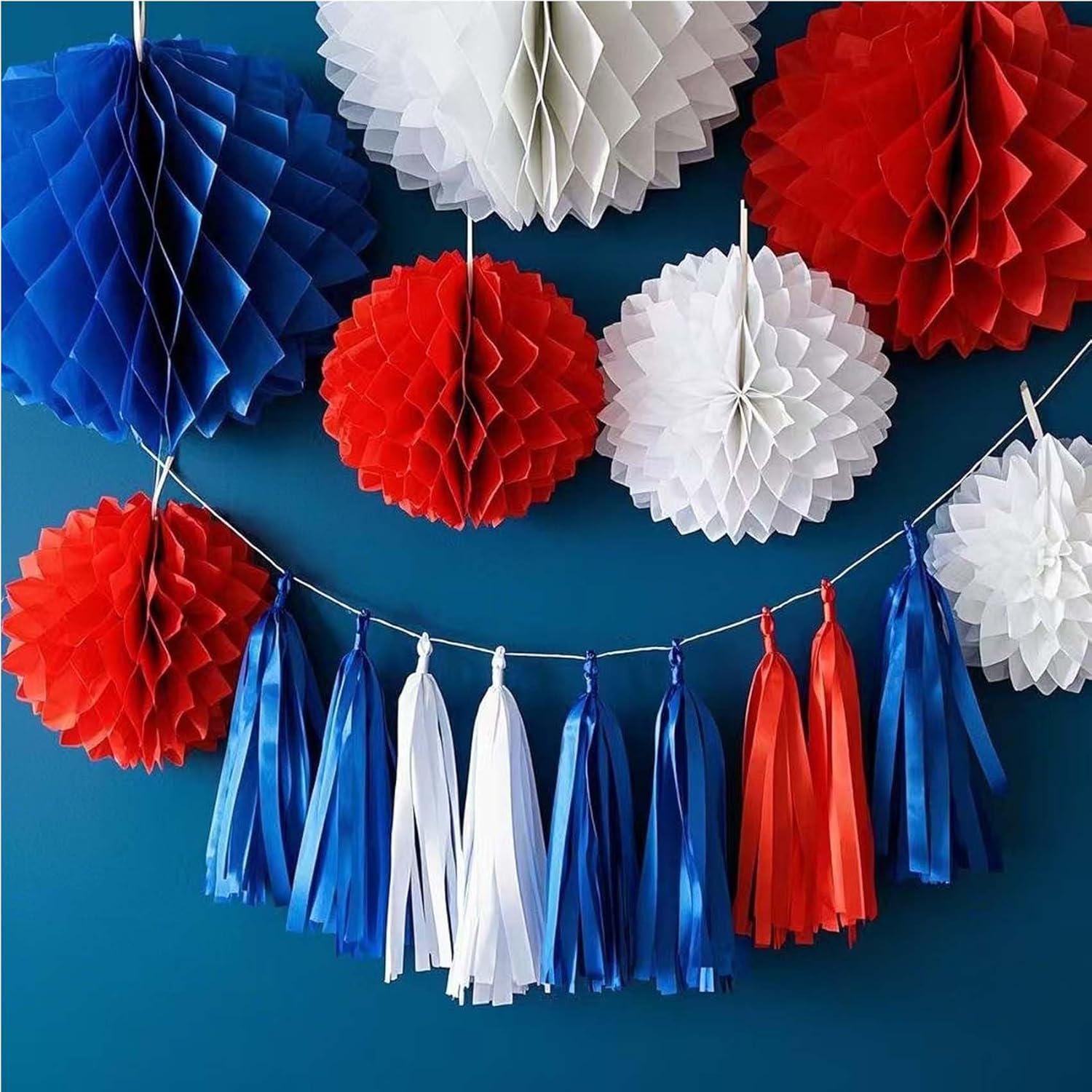 30PCS Red White Blue Tissue Paper Tassel Garland Patriotic Party Streamer Decorations