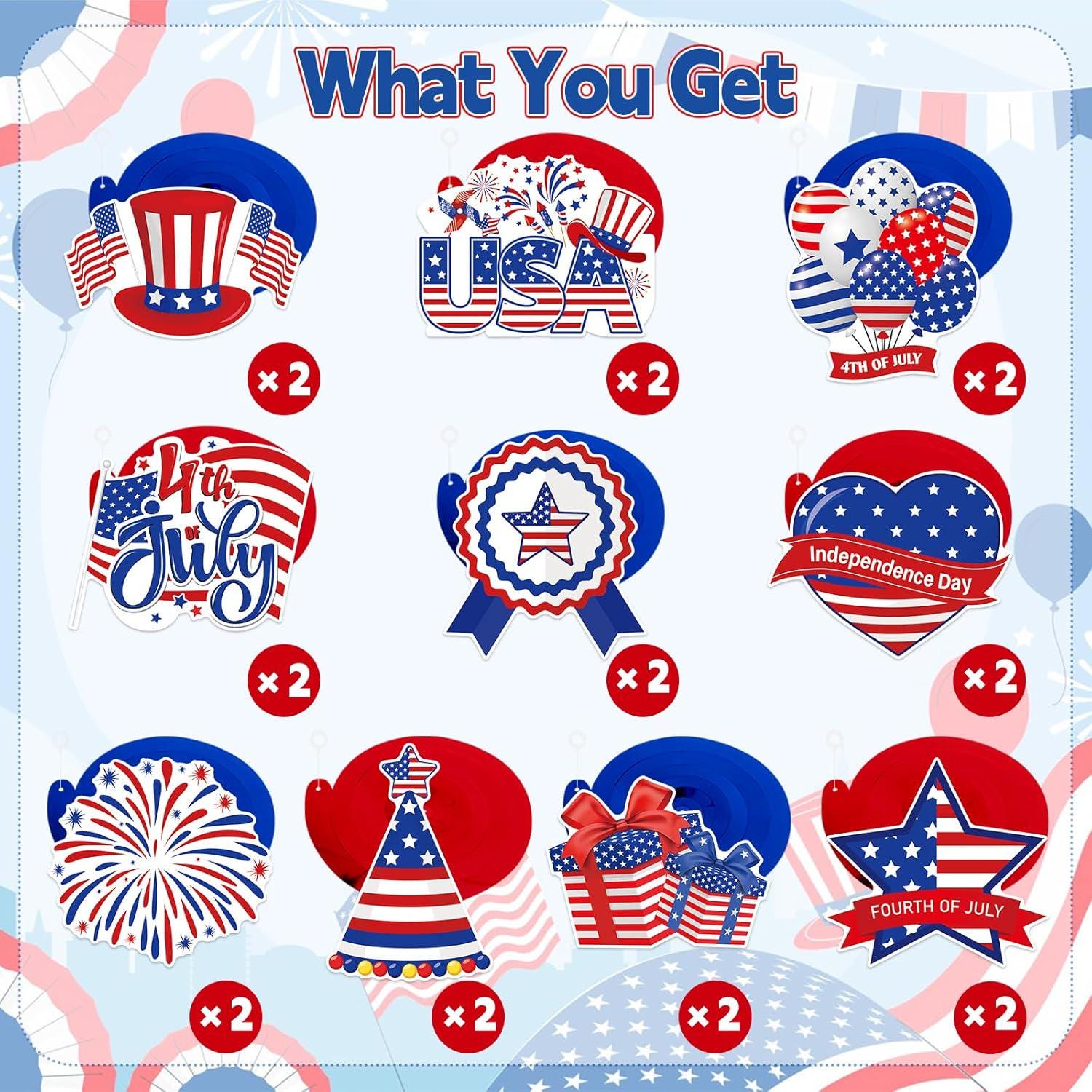 40PCS Patriotic Hanging Swirl Decorations Double Sided 4th of July Ceiling Streamers