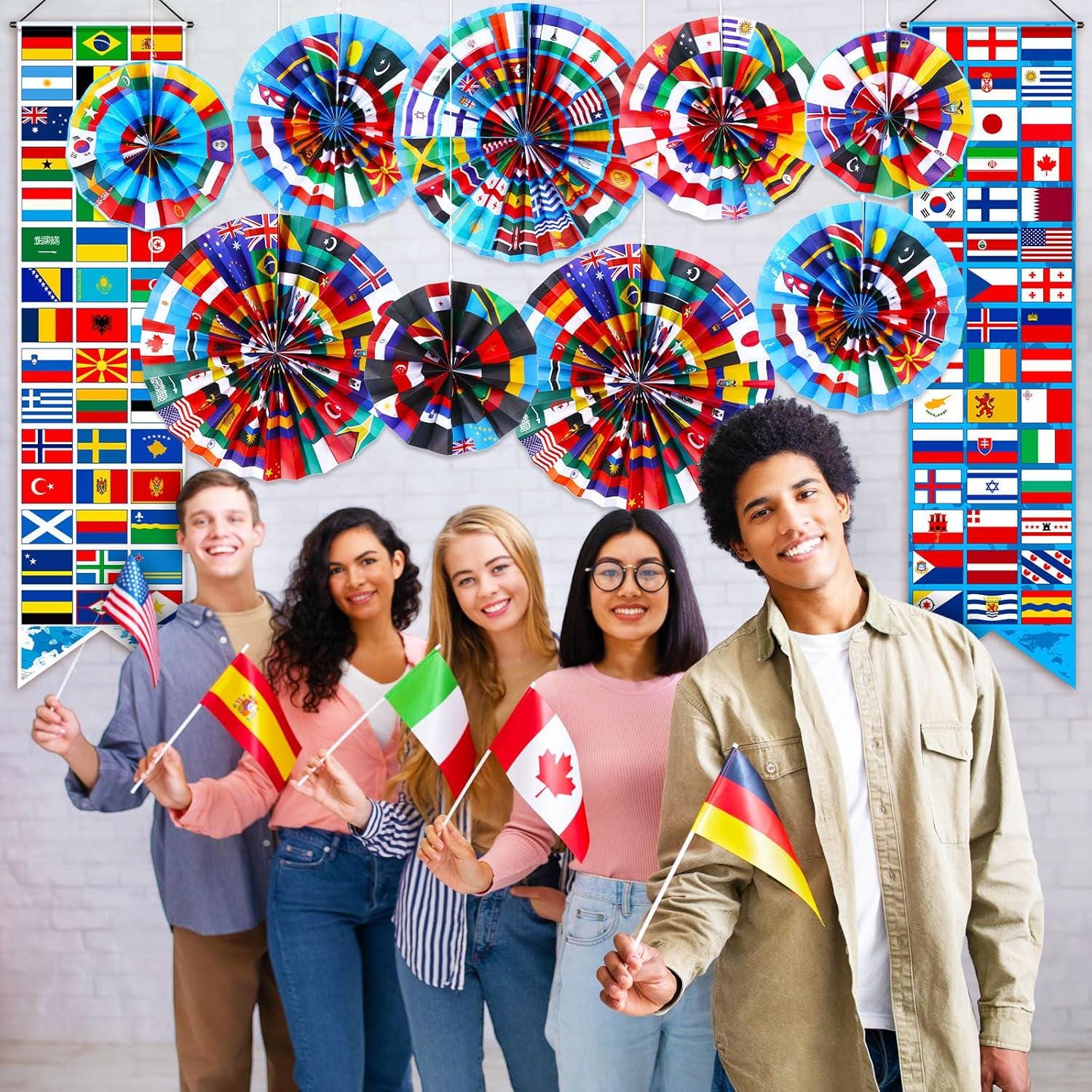 11PCS International World Flags Party Decorations Paper Fans Porch Banner Multicultural Event Decor