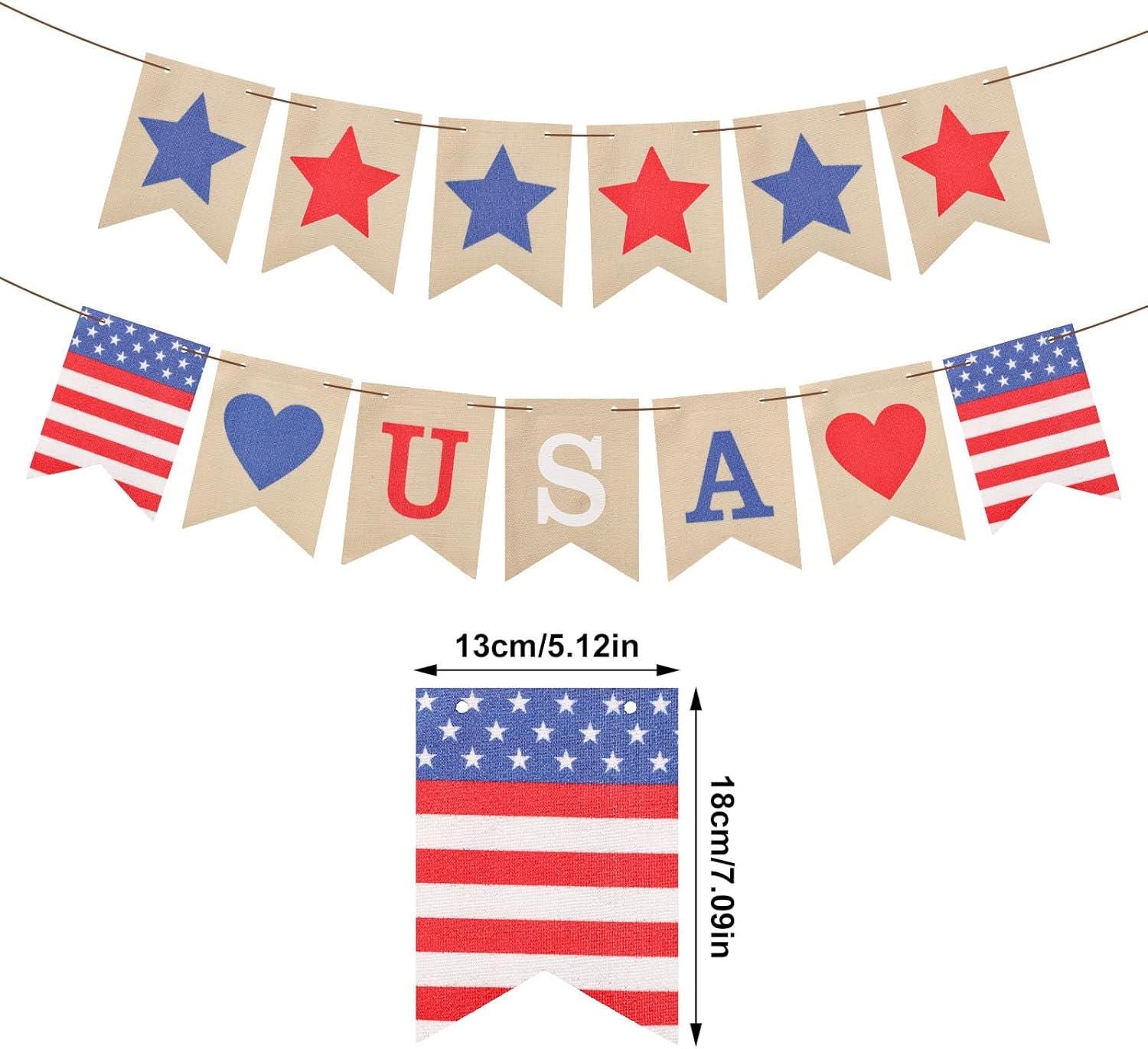 USA Burlap Banner Red Blue Stars Garland American Flag Bunting 4th of July Decorations