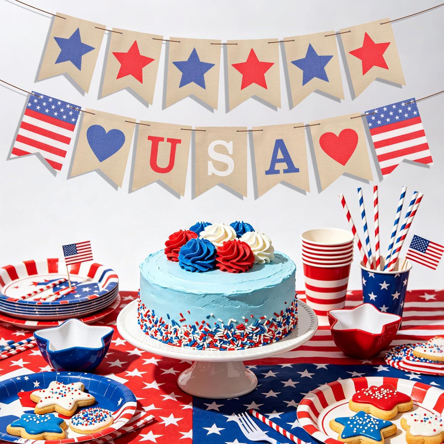 USA Burlap Banner Red Blue Stars Garland American Flag Bunting 4th of July Decorations