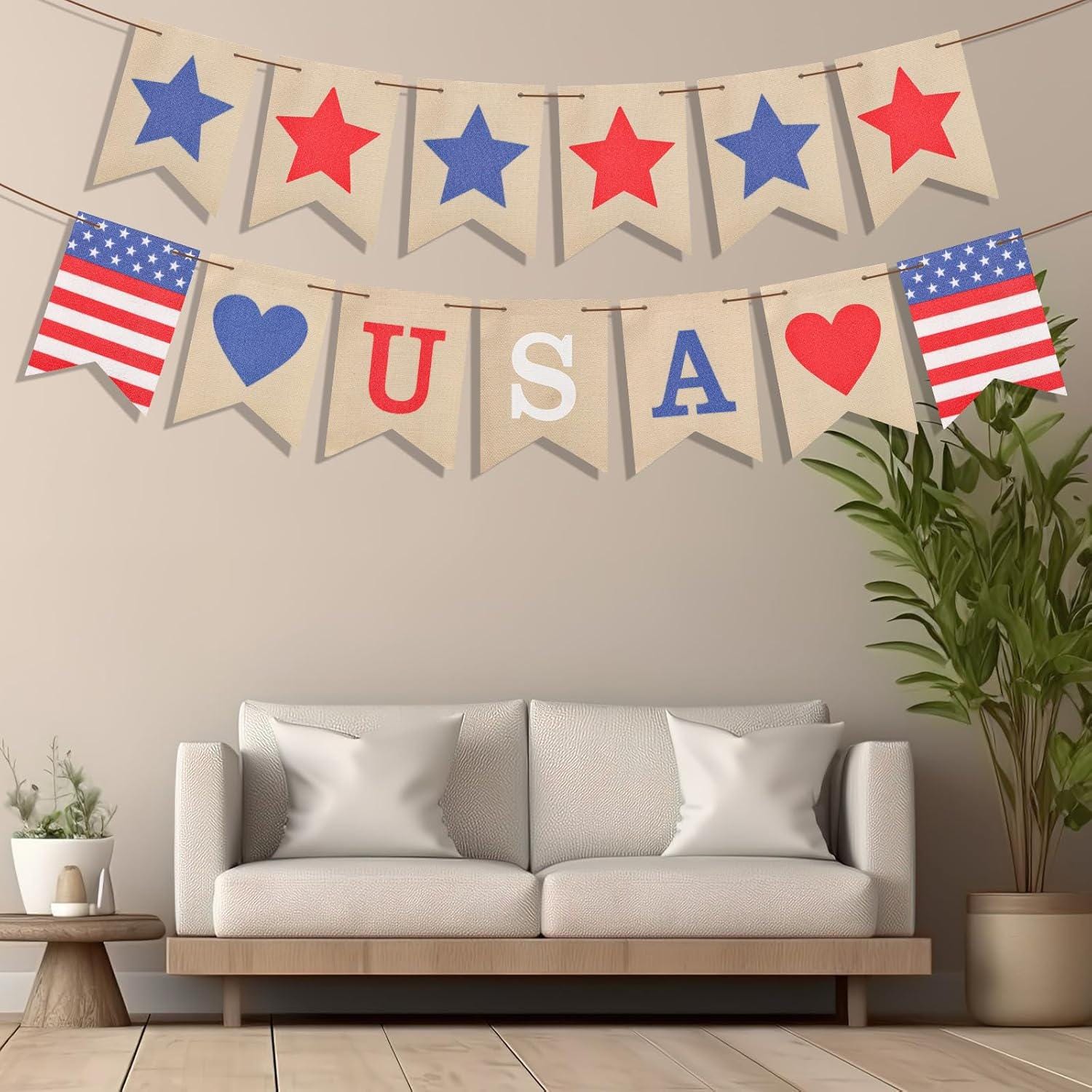 USA Burlap Banner Red Blue Stars Garland American Flag Bunting 4th of July Decorations