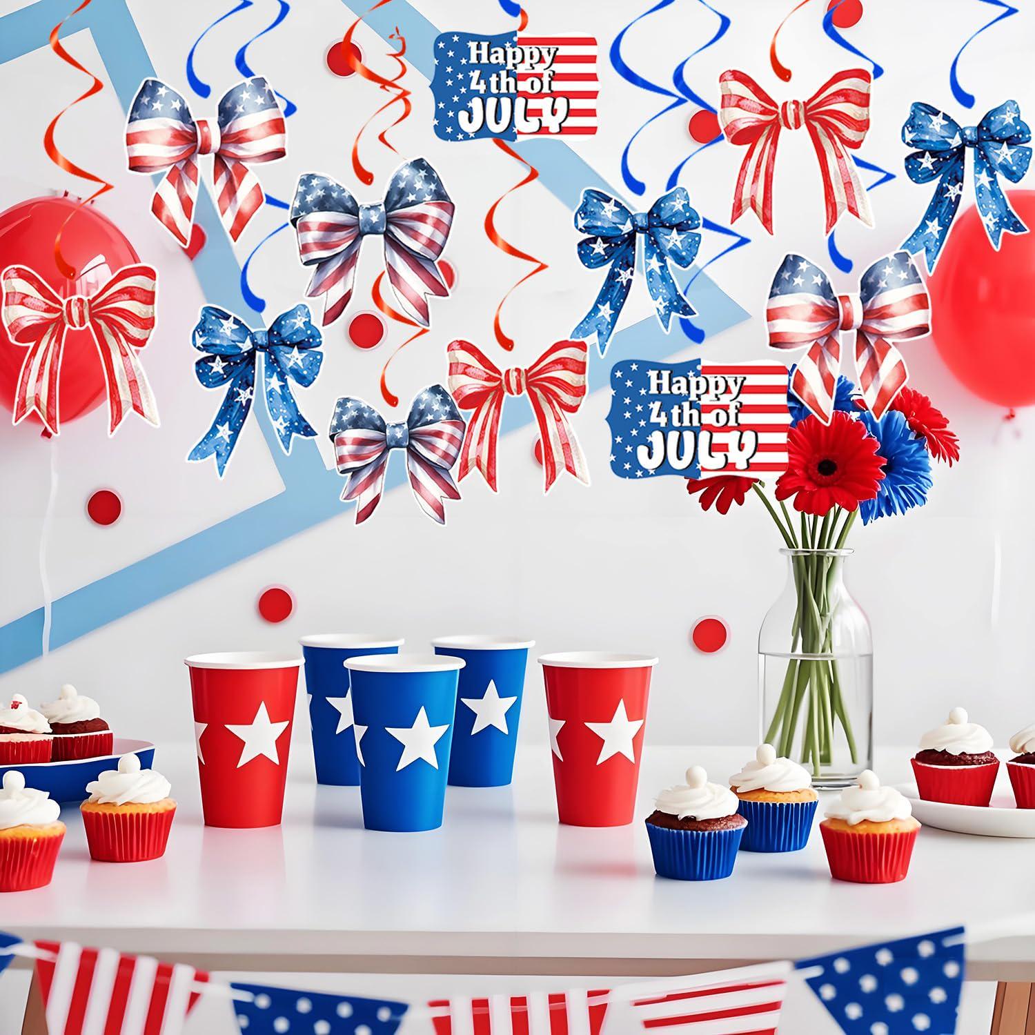 Patriotic Hanging Swirl Decorations with Bow Accents Red White Blue USA Party Decor