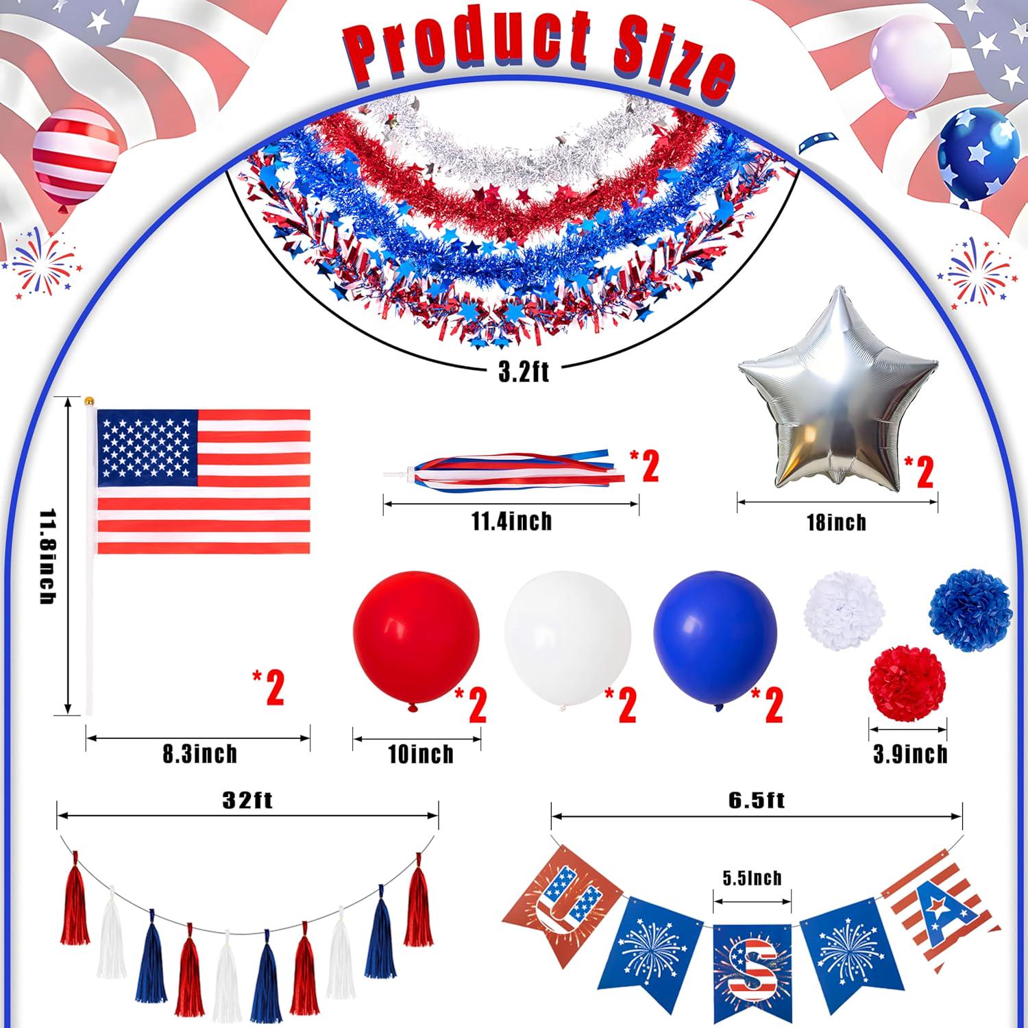 21PCS 4th of July Decoration Kit Tinsel Garlands Balloons & USA Flags