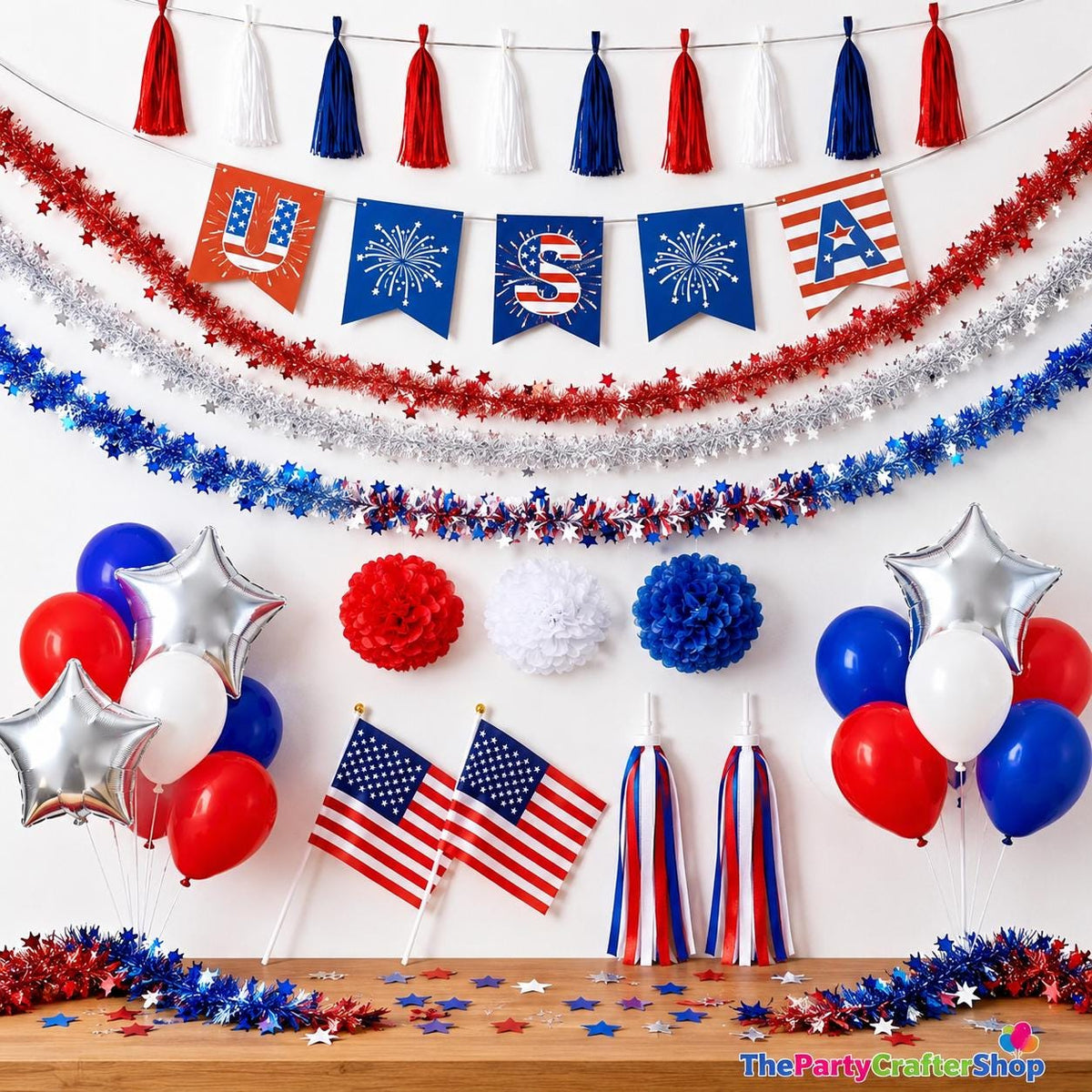 21PCS 4th of July Decoration Kit Tinsel Garlands Balloons & USA Flags
