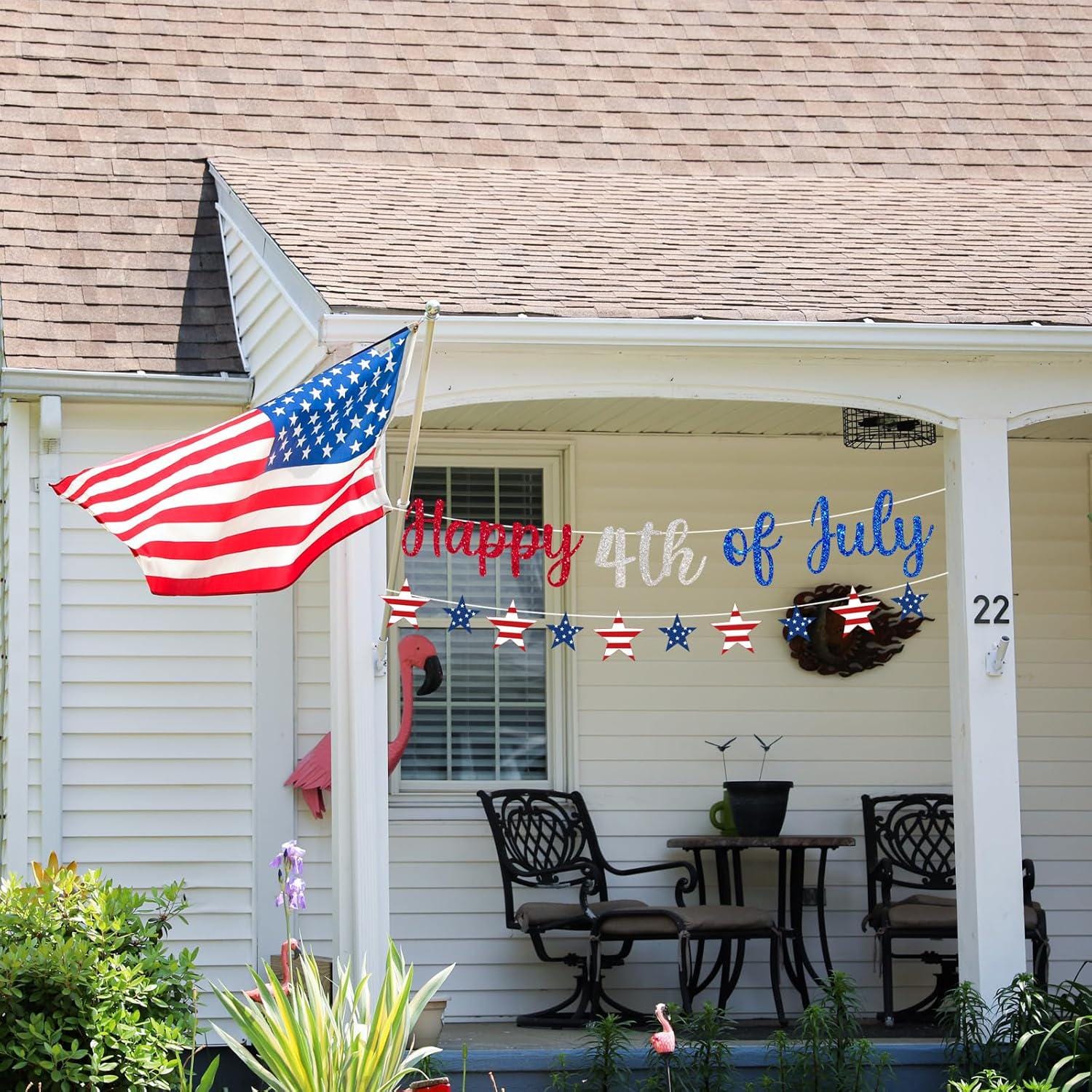 2PCS Happy 4th of July Glitter Star Banner Red Blue Silver Patriotic Garland Decorations