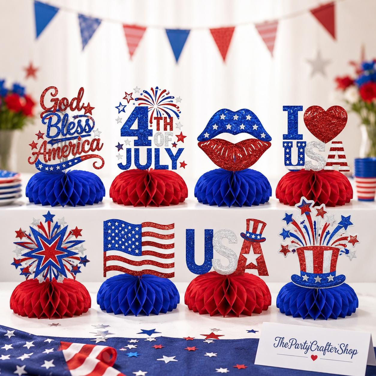 8PCS Happy Independence Day Honeycomb Centerpieces Red Blue White Patriotic Table Decorations