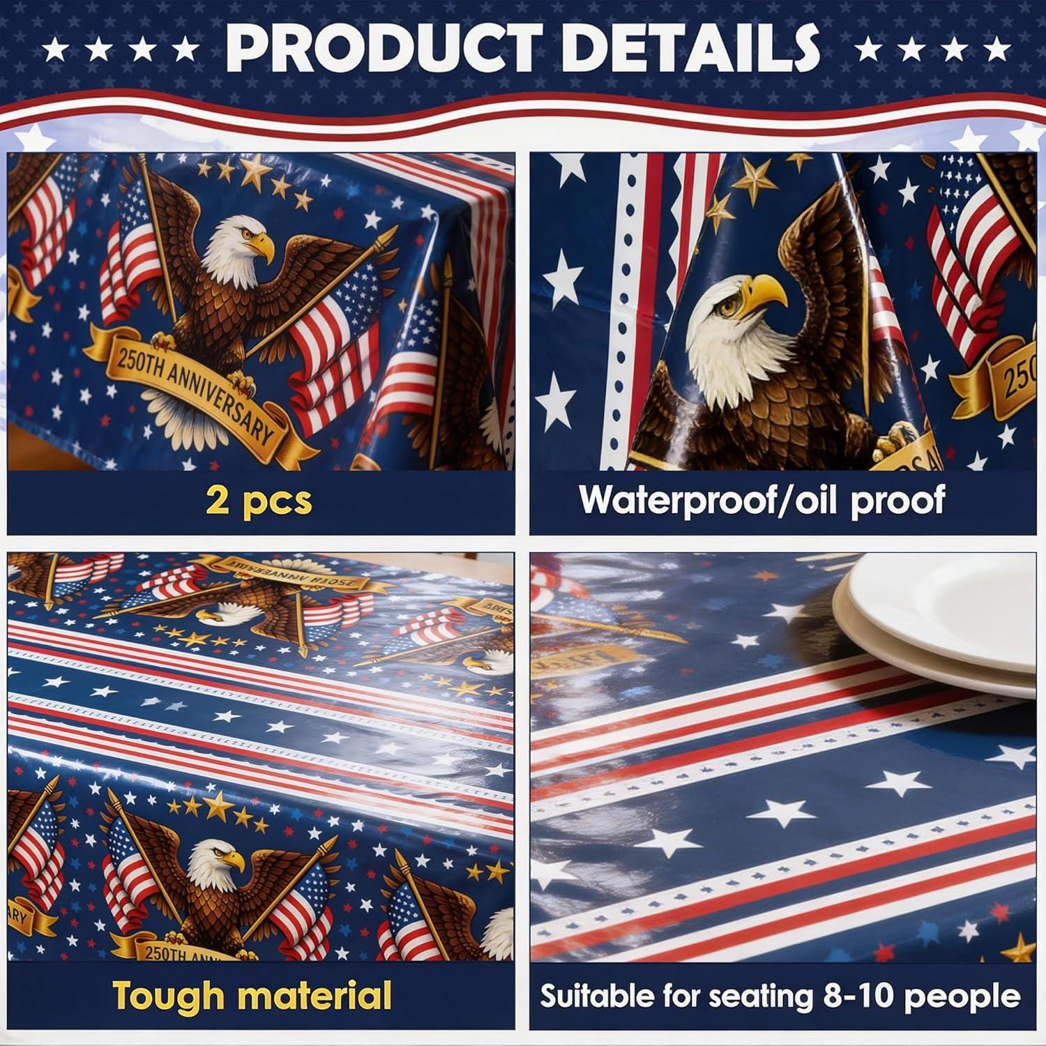 2 Pack America 250th Anniversary Patriotic American Flag Tablecloths 4th of July Party Decor