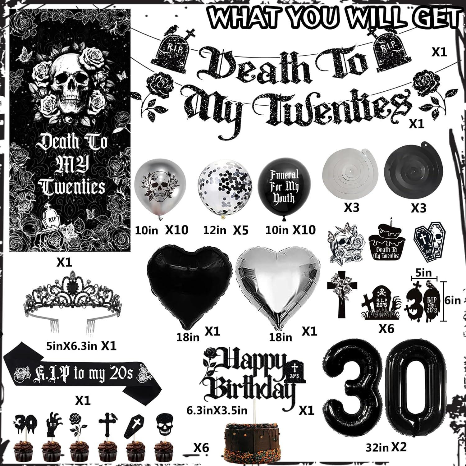 Death to My 20s 30th Birthday Decorations Set RIP to My 20s Banner Backdrop Balloons Sash Crown
