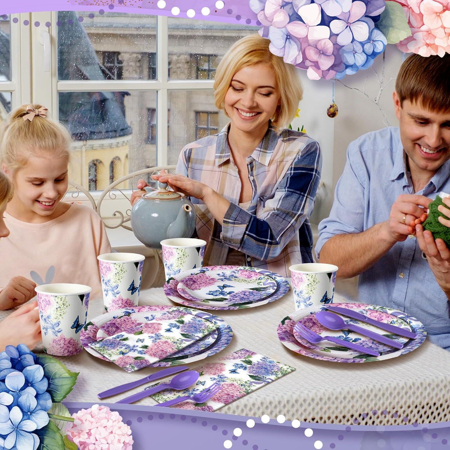 400PCS Hydrangea Floral Party Dinnerware Set Plates & Napkins Bridal Shower Baby Shower Supplies