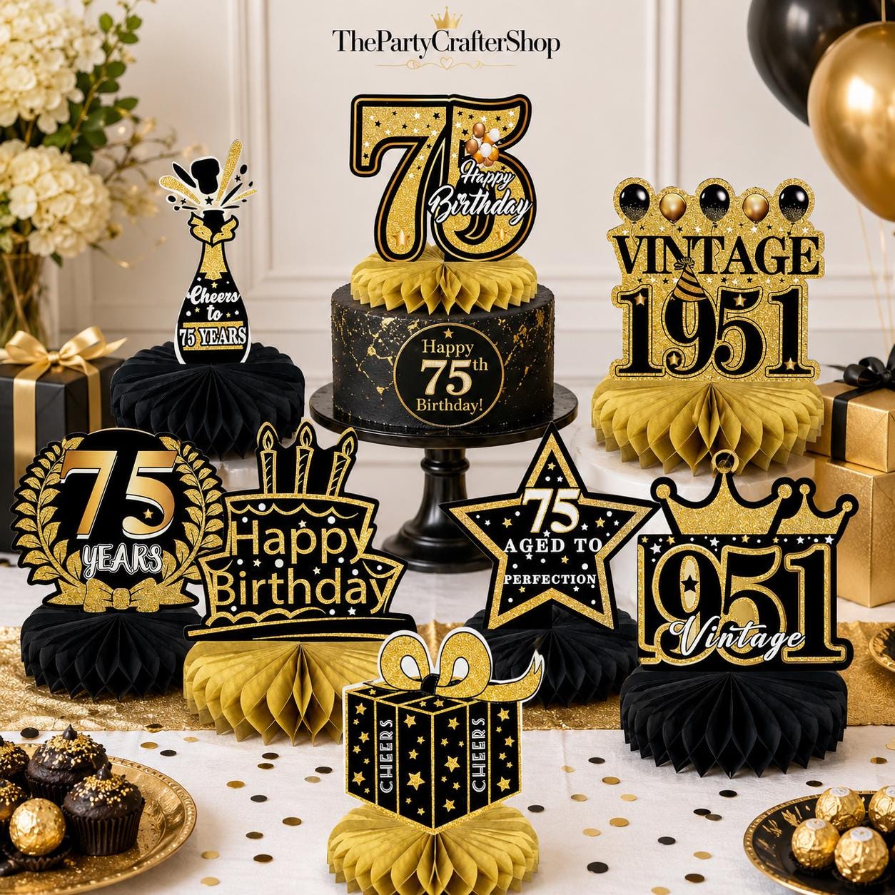 9PCS 75th Birthday Decorations Black Gold Honeycomb Centerpieces Cheers to 1950 Party Supplies