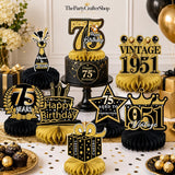 9PCS 75th Birthday Decorations Black Gold Honeycomb Centerpieces Cheers to 1950 Party Supplies