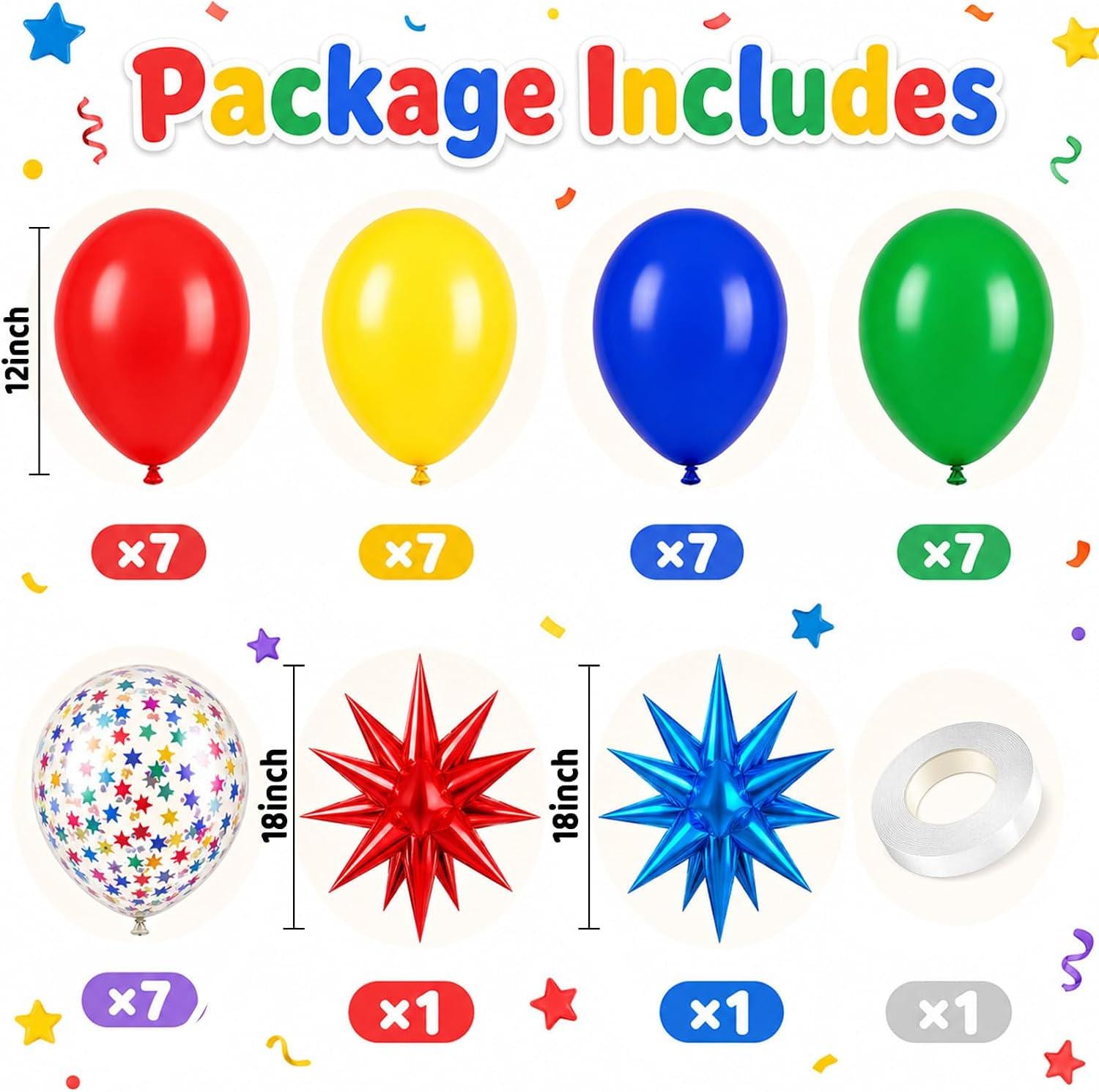 Colorful Balloon Garland Kit: Red, Blue, Yellow, Green Latex, Confetti, Foil Stars