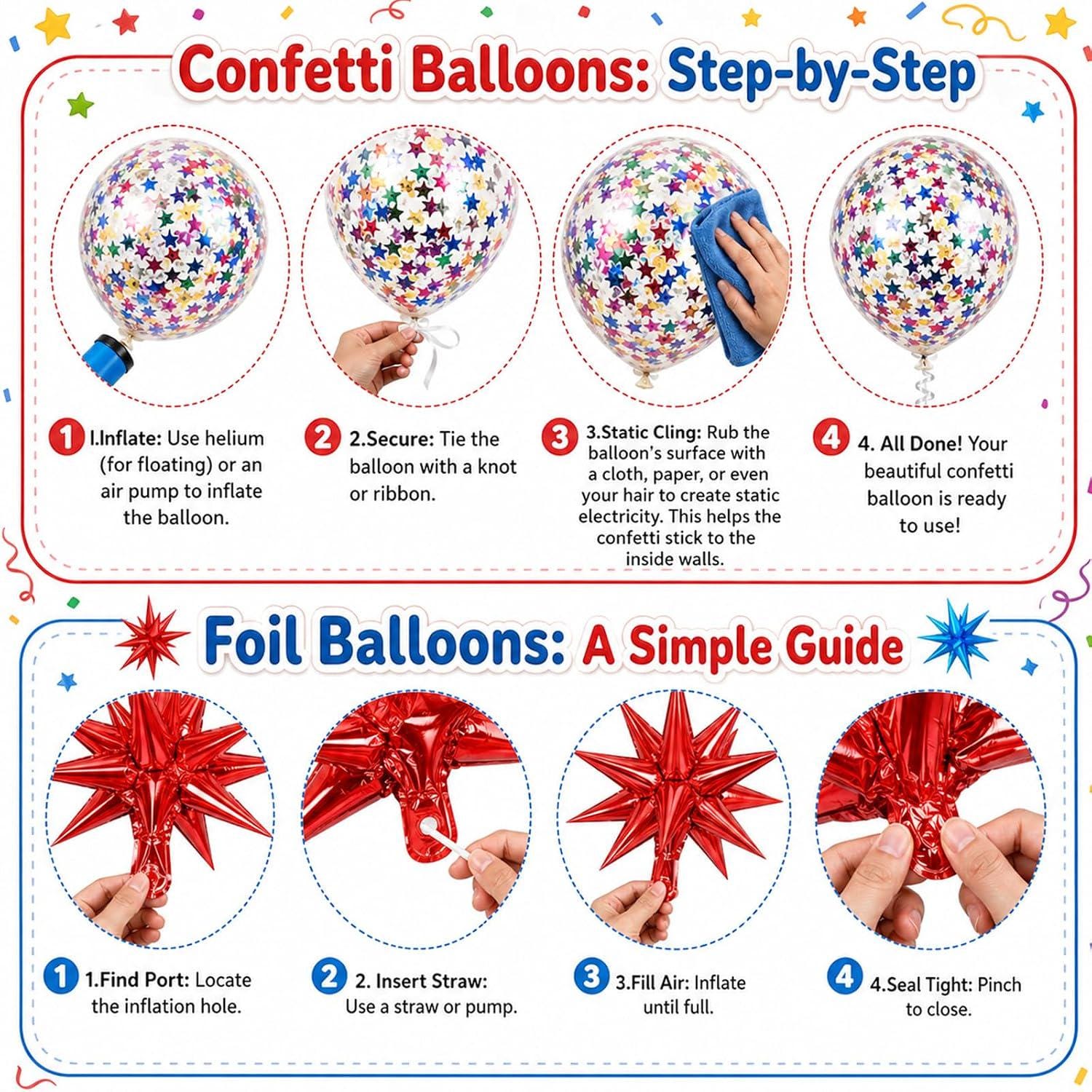 Colorful Balloon Garland Kit: Red, Blue, Yellow, Green Latex, Confetti, Foil Stars