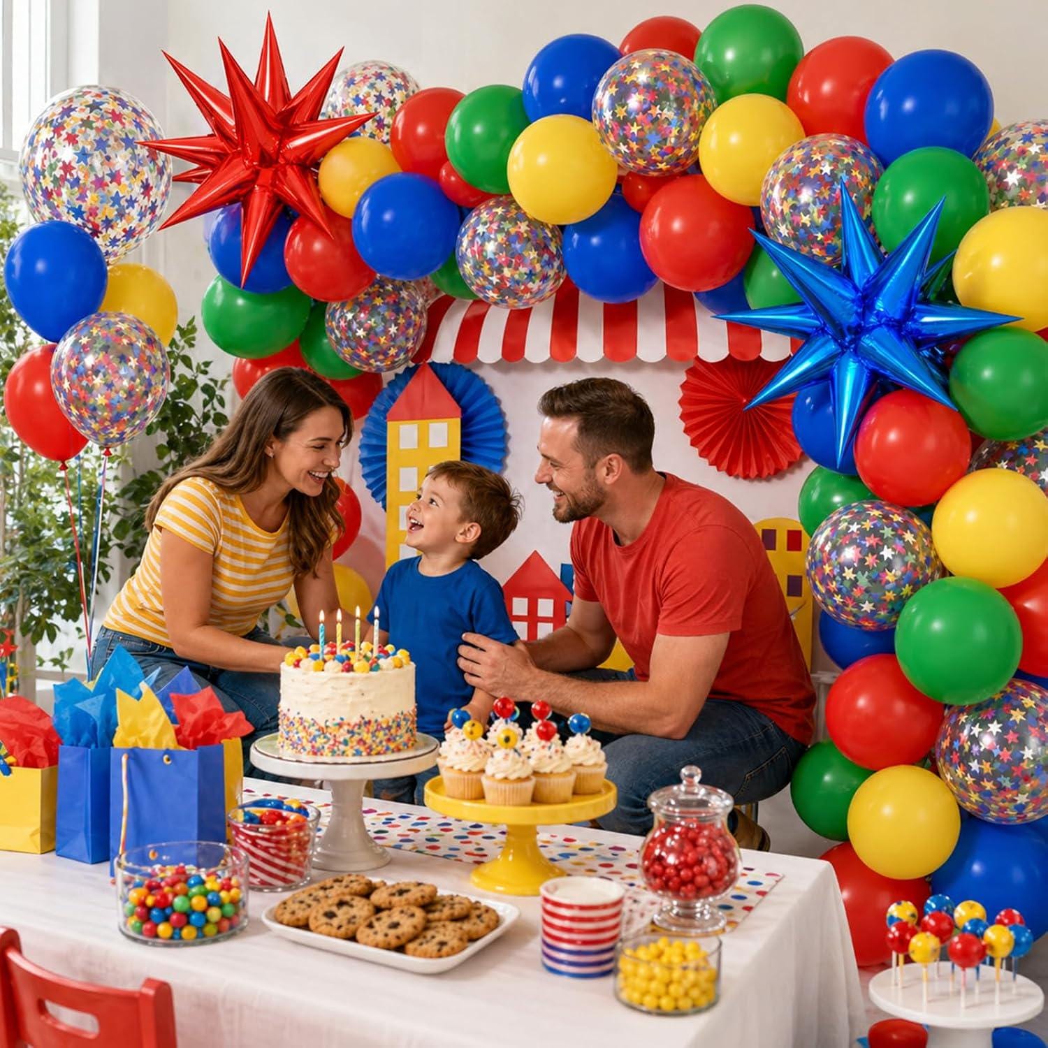 Colorful Balloon Garland Kit: Red, Blue, Yellow, Green Latex, Confetti, Foil Stars