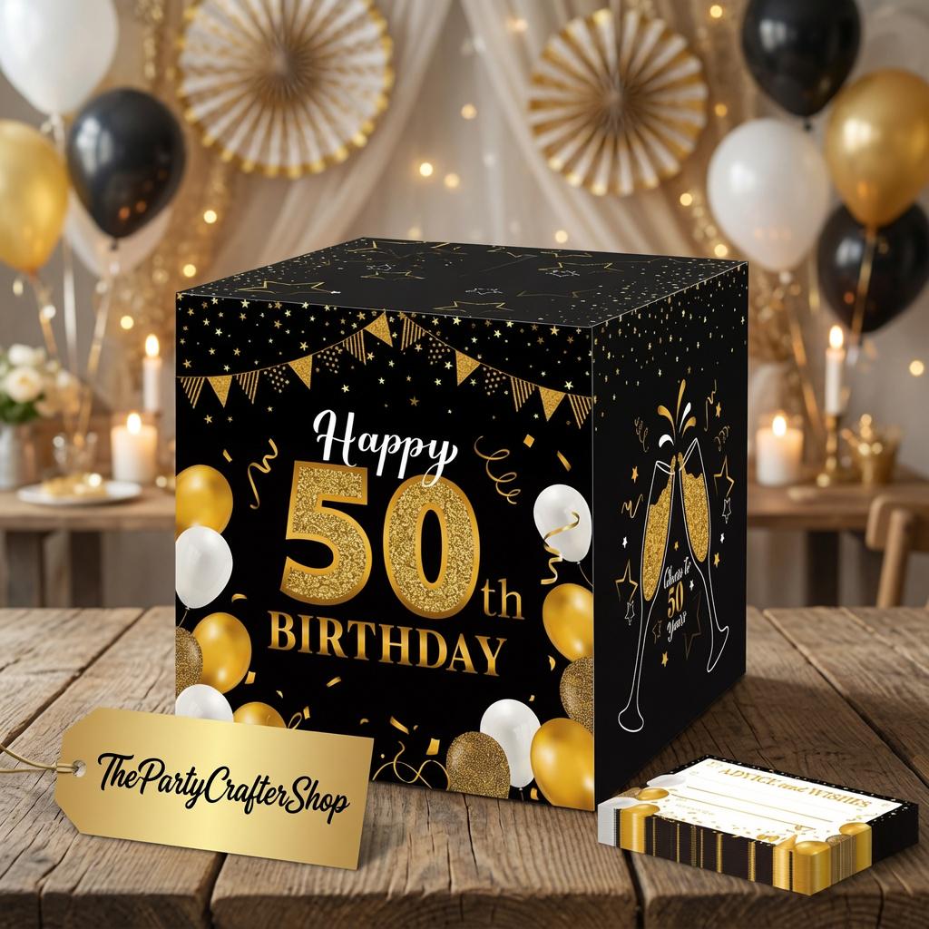 50th Birthday Message Card Box: Black Gold Wishes Advice Holder Party Decoration