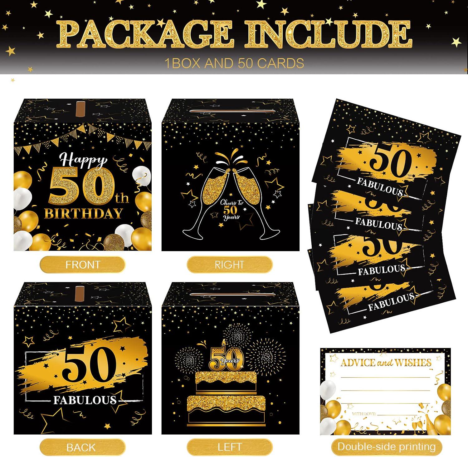 50th Birthday Message Card Box: Black Gold Wishes Advice Holder Party Decoration