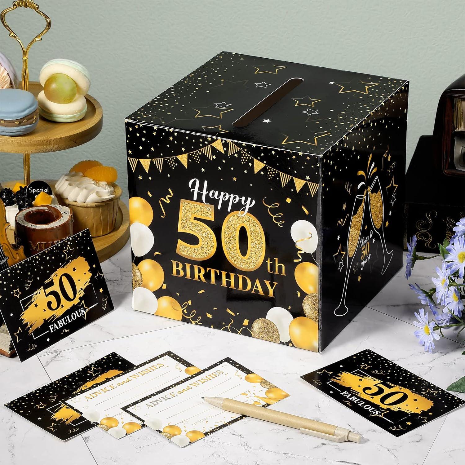 50th Birthday Message Card Box: Black Gold Wishes Advice Holder Party Decoration