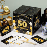 50th Birthday Message Card Box: Black Gold Wishes Advice Holder Party Decoration