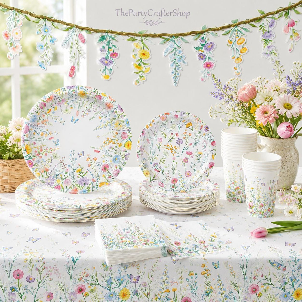 Wildflower Party Tableware Set for 24: Plates, Cups, Napkins, Banner, Tablecloth