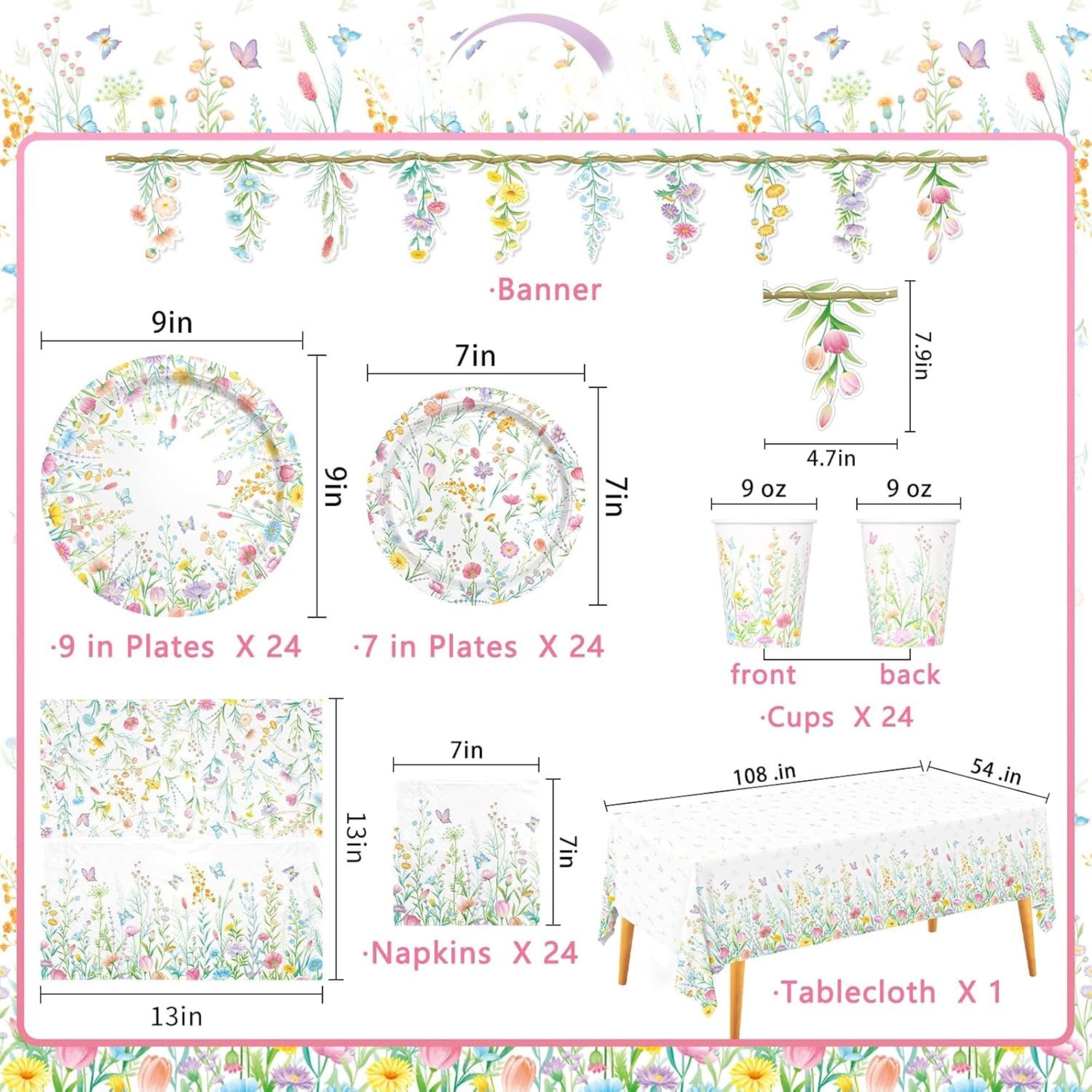Wildflower Party Tableware Set for 24: Plates, Cups, Napkins, Banner, Tablecloth