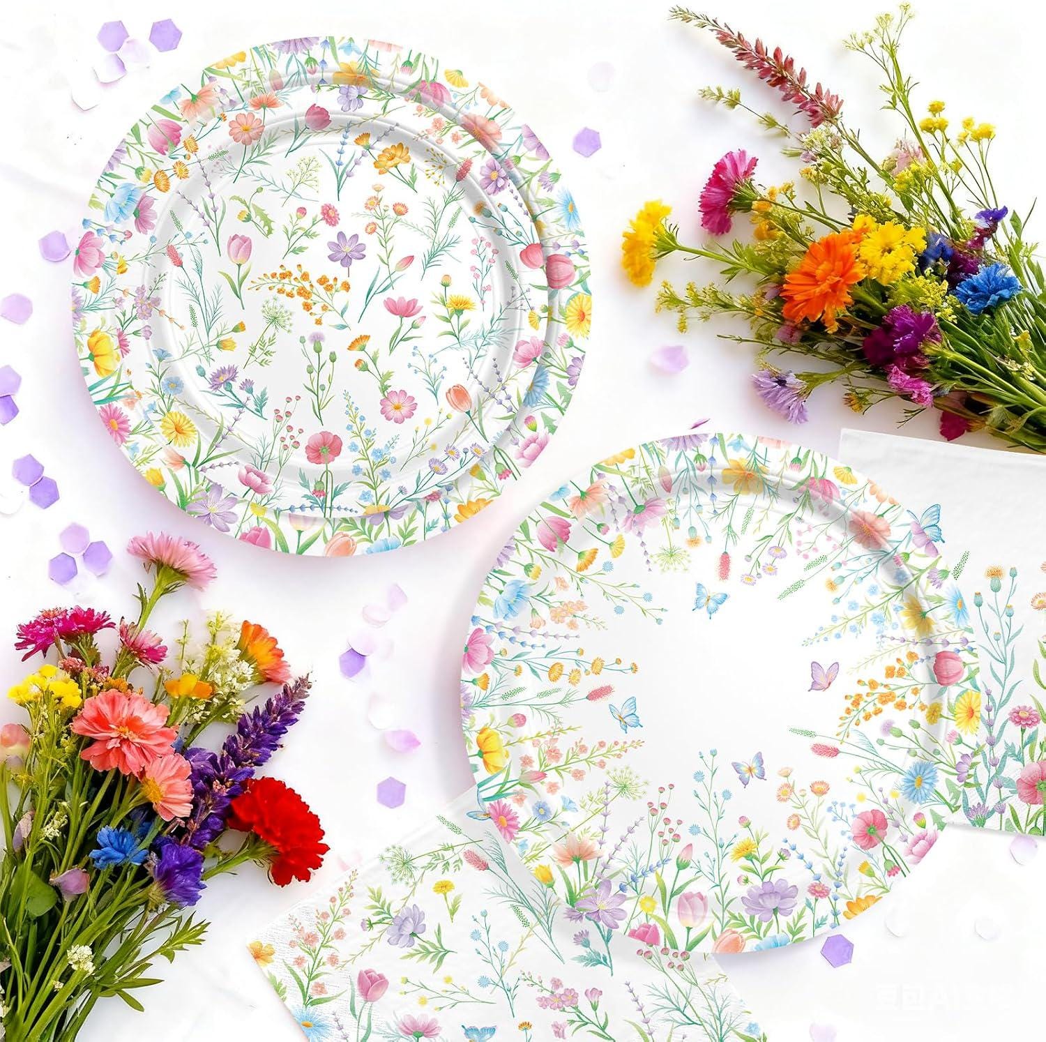 Wildflower Party Tableware Set for 24: Plates, Cups, Napkins, Banner, Tablecloth