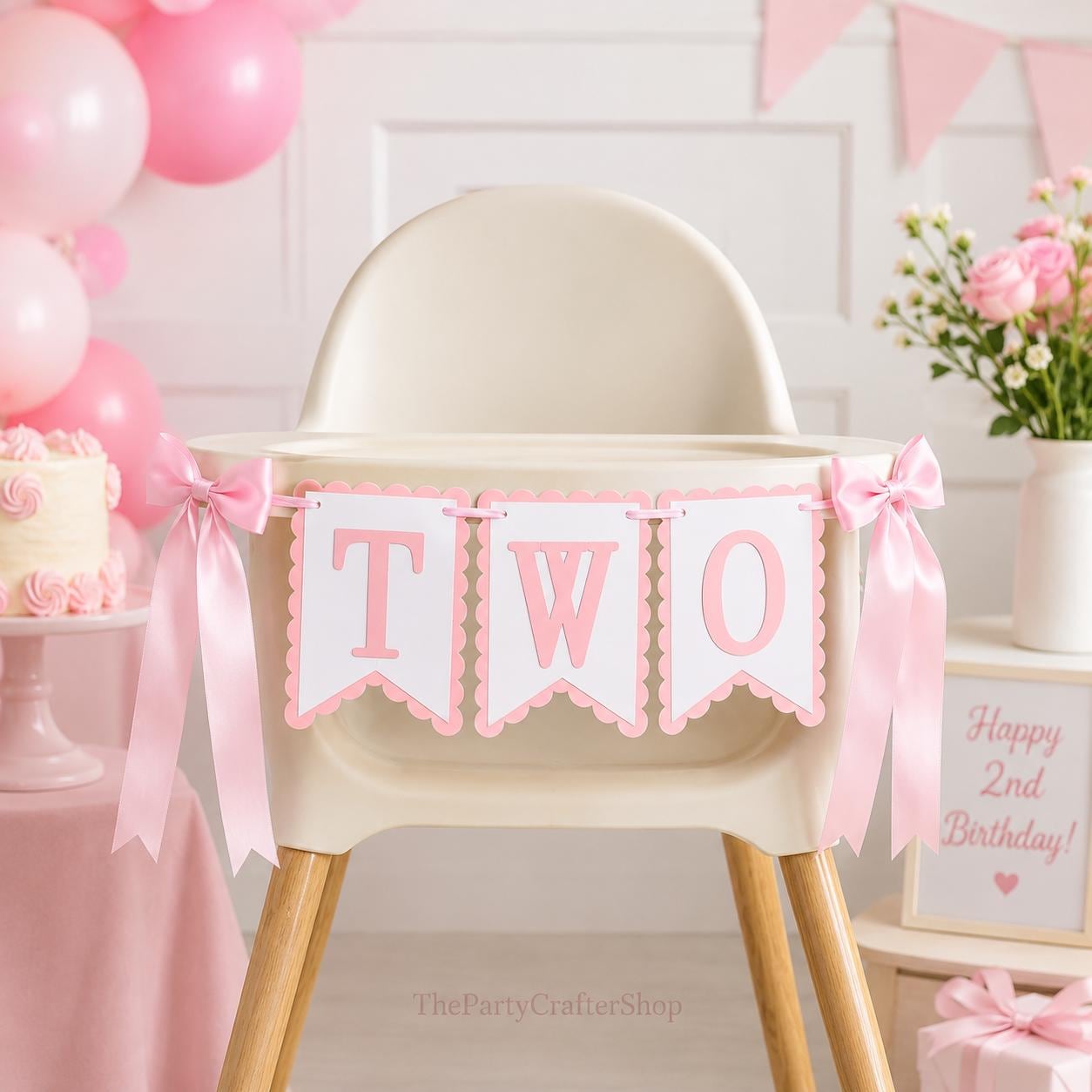Bow Two 2nd Birthday High Chair Banner Pink Coquette Party Decoration Photo Prop