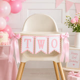 Bow Two 2nd Birthday High Chair Banner Pink Coquette Party Decoration Photo Prop