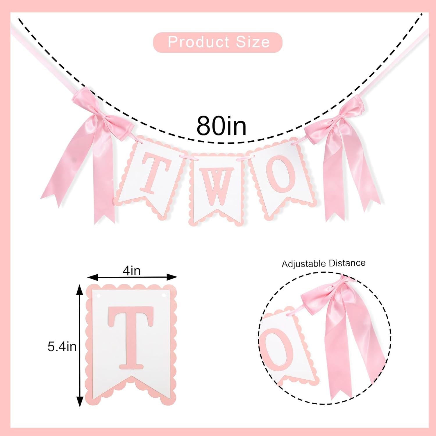 Bow Two 2nd Birthday High Chair Banner Pink Coquette Party Decoration Photo Prop