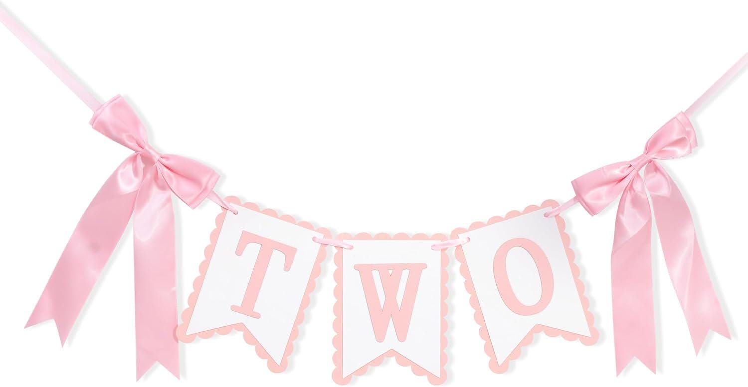 Bow Two 2nd Birthday High Chair Banner Pink Coquette Party Decoration Photo Prop