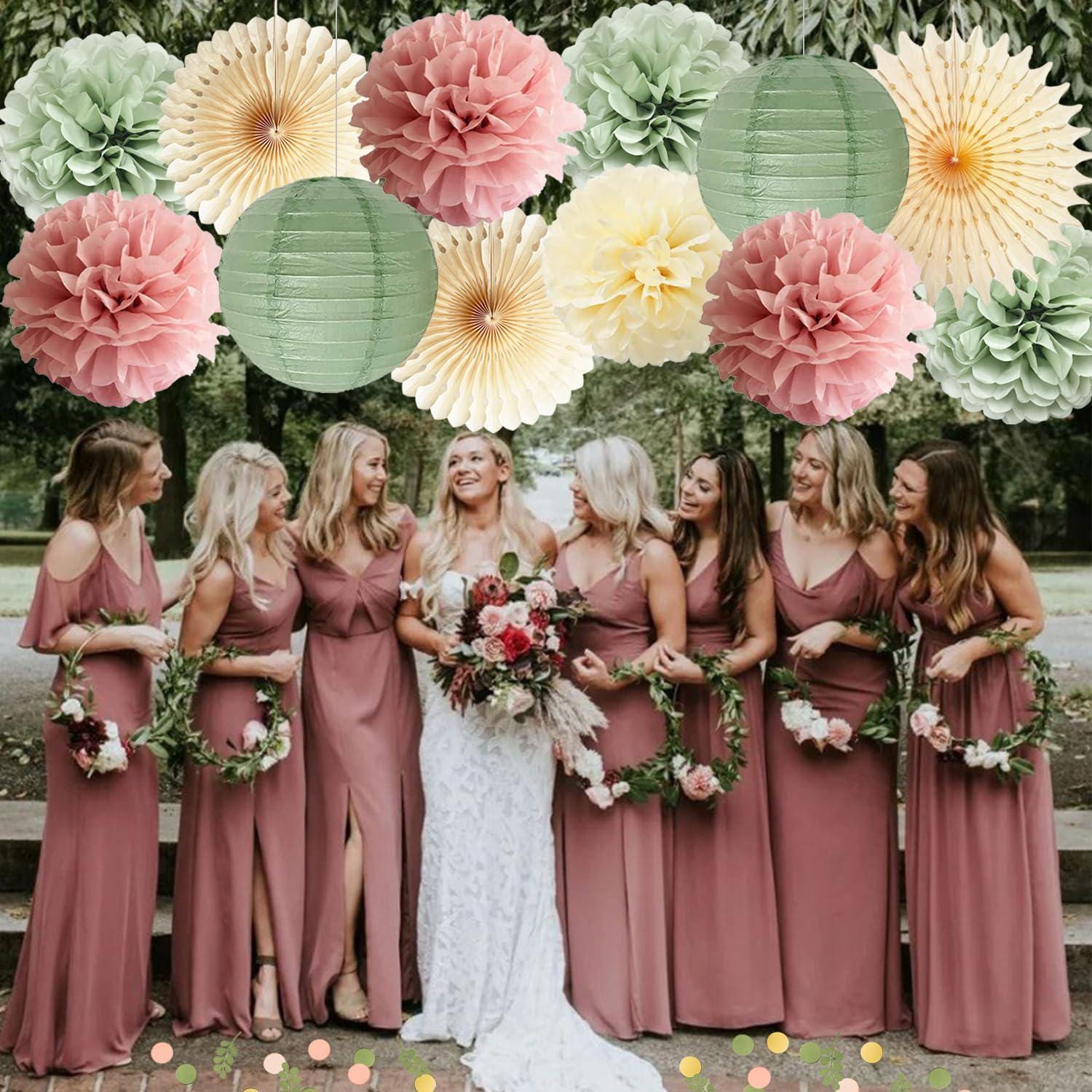 Dusty Pink Sage Green Party Decorations: Pom Poms, Lanterns, Confetti – Baby Shower Wedding Decor