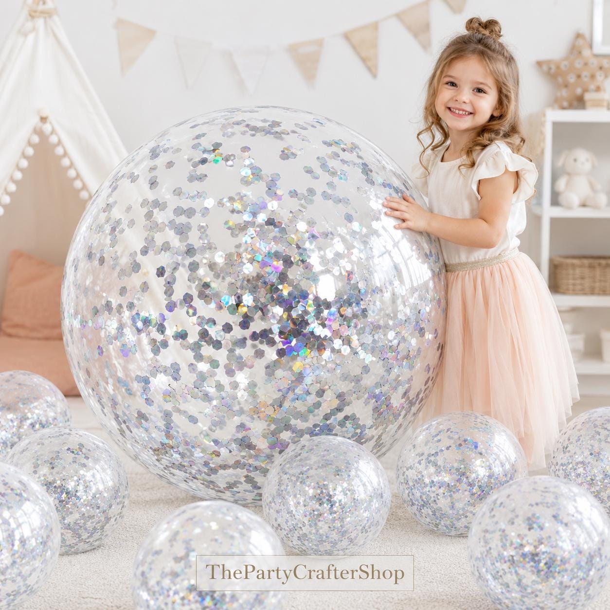 Silver Glitter Beach Balls, 24 Inch Confetti Pool Party Decorations (Set of 6)