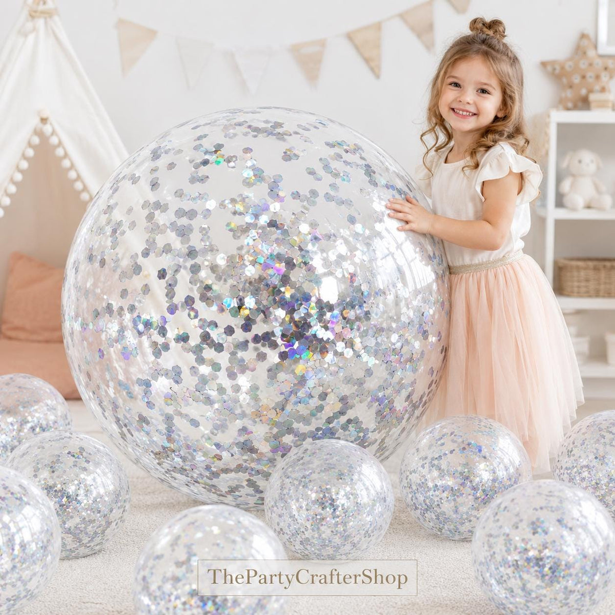 Silver Glitter Beach Balls, 24 Inch Confetti Pool Party Decorations (Set of 6)