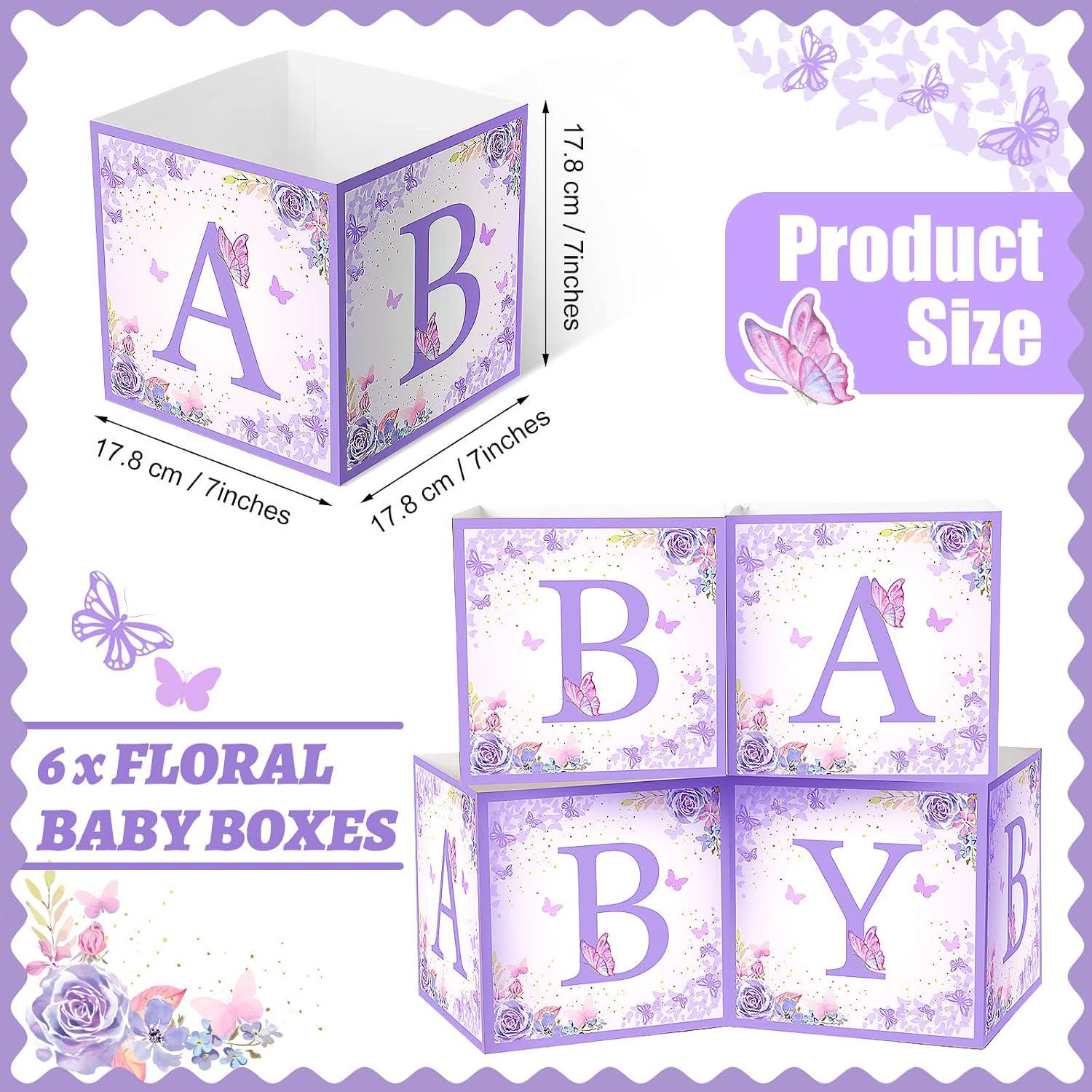 6PCS Baby Shower Centerpieces Purple Butterfly Baby Blocks Table Decorations Gender Reveal Party Supplies