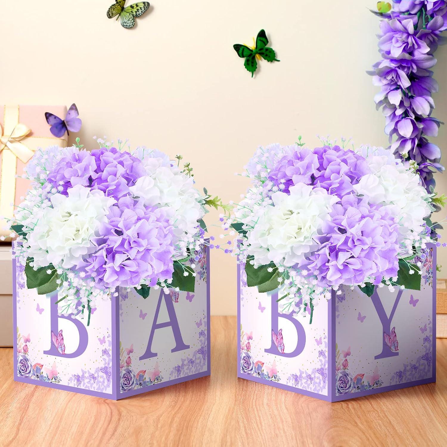 6PCS Baby Shower Centerpieces Purple Butterfly Baby Blocks Table Decorations Gender Reveal Party Supplies