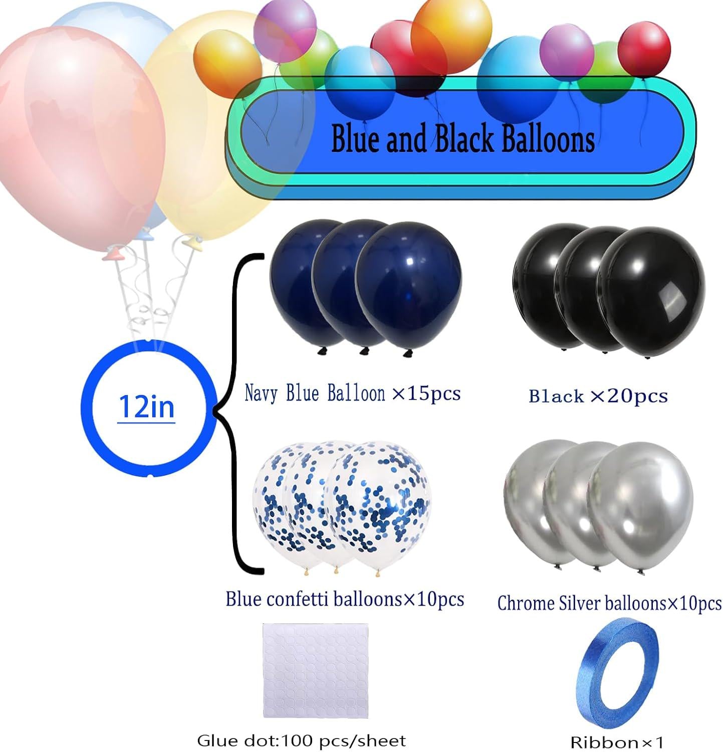 Blue Black Silver Balloon Arch Kit: 57 Pcs Dark Blue Metallic Balloons for Celebrations