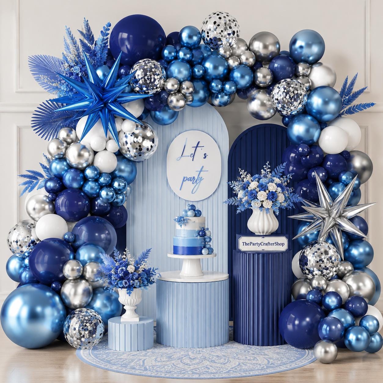 Blue Balloon Arch Kit 138 Pcs Navy White Metallic Silver Star Confetti Garland Decor