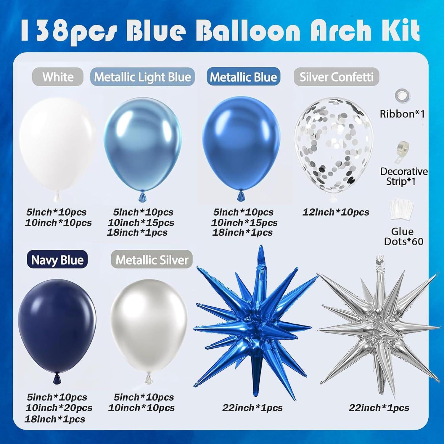 Blue Balloon Arch Kit 138 Pcs Navy White Metallic Silver Star Confetti Garland Decor