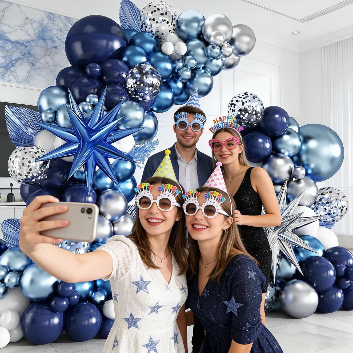 Blue Balloon Arch Kit 138 Pcs Navy White Metallic Silver Star Confetti Garland Decor
