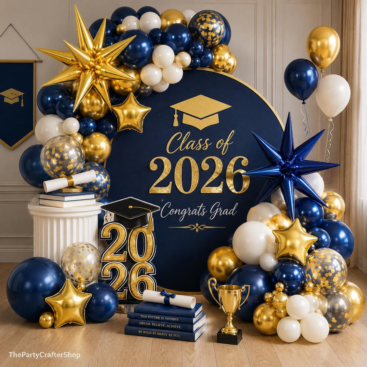 Graduation Balloon Garland Arch Kit: Navy Blue, Gold, White, Class of 2026 Party Decor