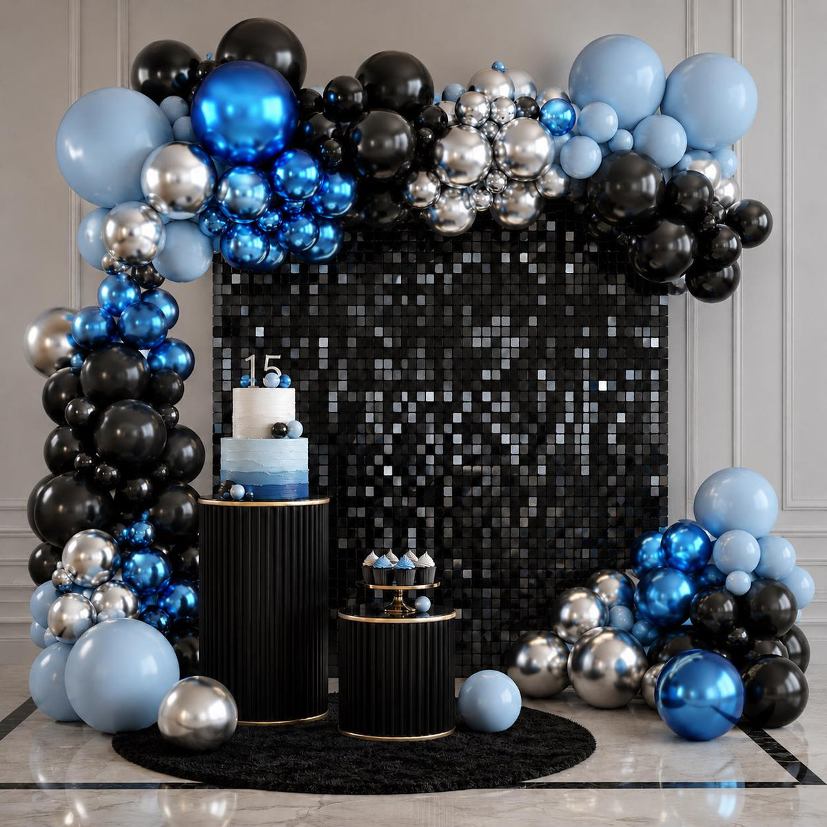 Blue Black Silver Balloon Arch Kit: Metallic Garland Decor
