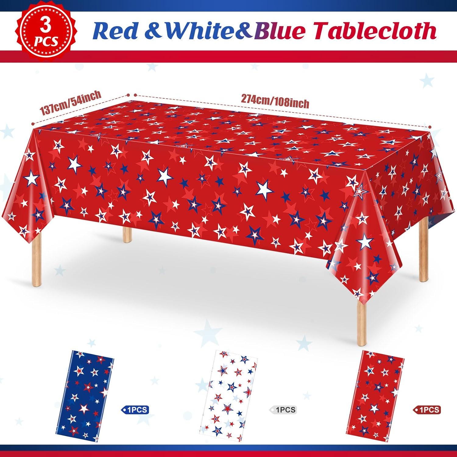 3 Pack Patriotic American Flag Tablecloths 54x108 Inch Disposable Party Table Covers