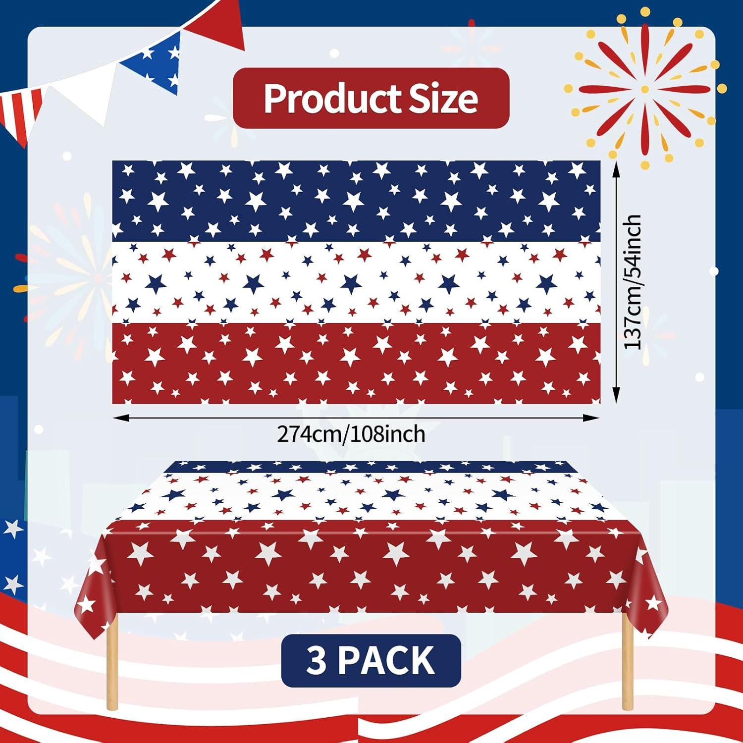 3 Pack Patriotic Stars Tablecloths 54x108 Inch Disposable USA Party Table Covers