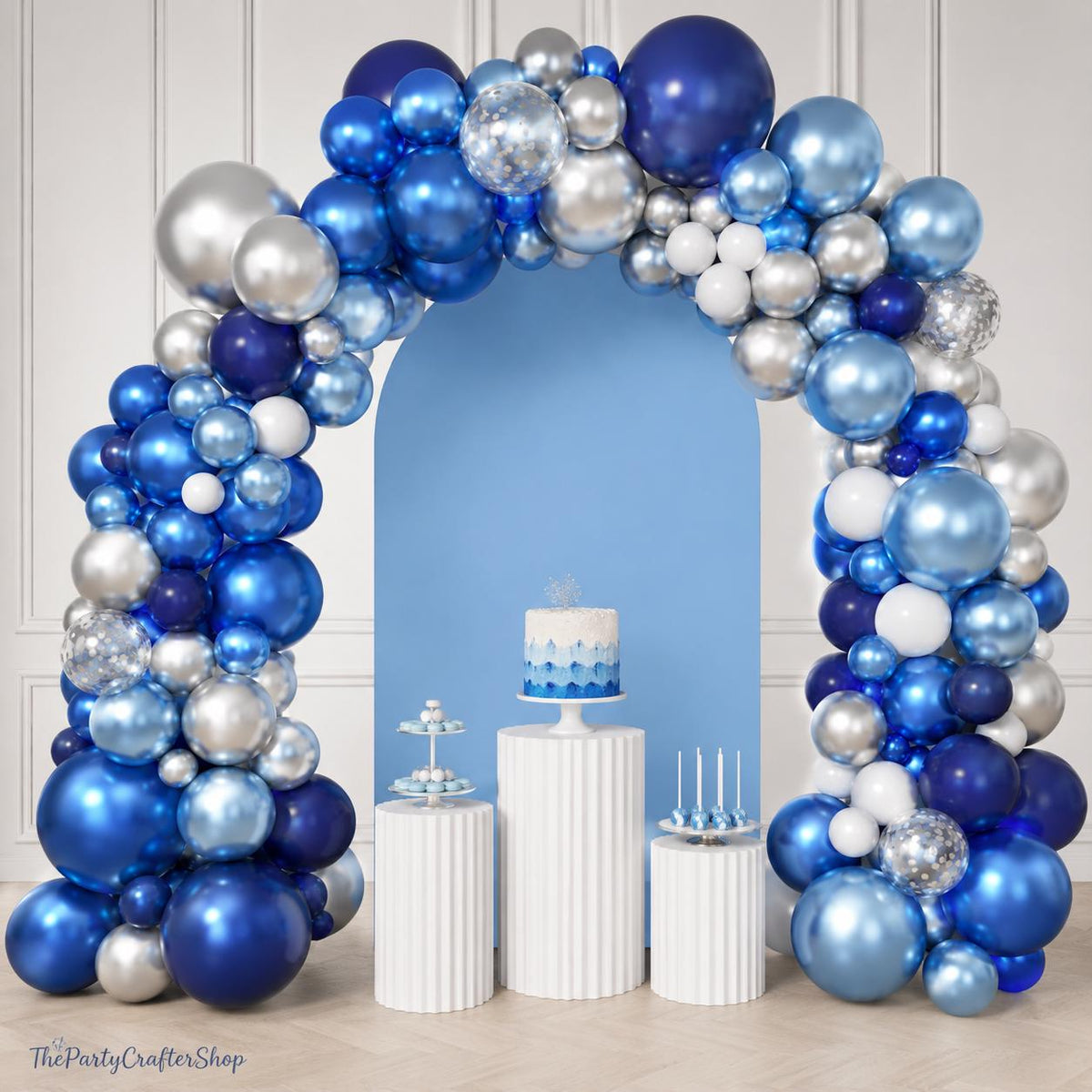 Blue Silver Balloon Garland Arch Kit: Navy, Royal, Light Blue, White, Confetti Party Decor