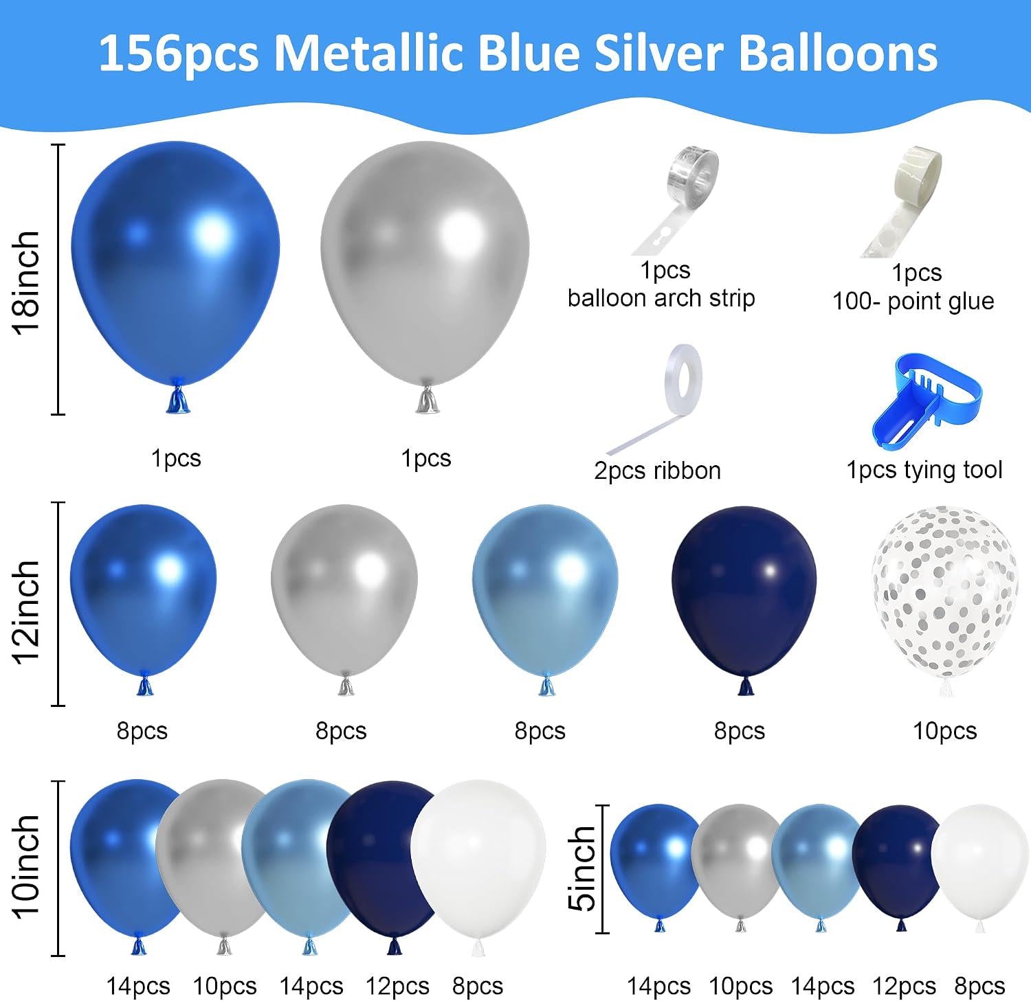 Blue Silver Balloon Garland Arch Kit: Navy, Royal, Light Blue, White, Confetti Party Decor