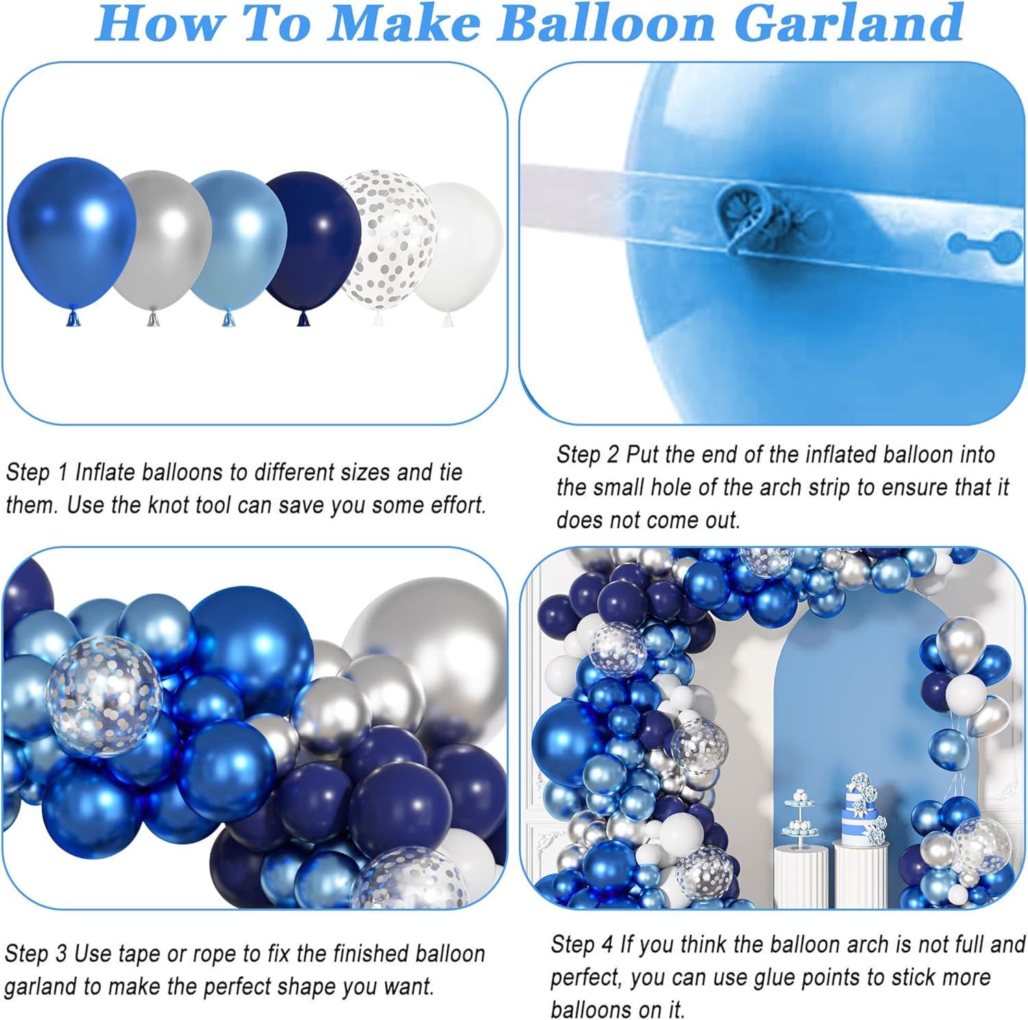 Blue Silver Balloon Garland Arch Kit: Navy, Royal, Light Blue, White, Confetti Party Decor