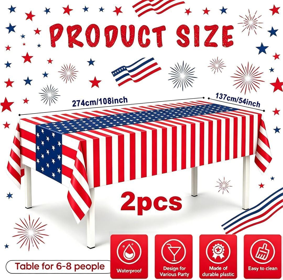 2 Pack Patriotic American Flag Tablecloths 54x108 Inch 250th Anniversary Party Covers