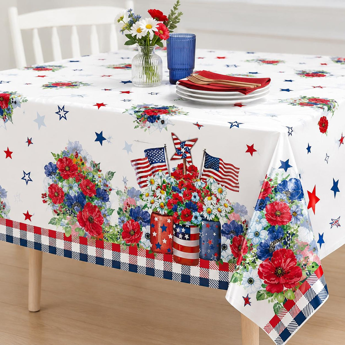 3 Pack Patriotic Tablecloths 54x108 Inch Red White Blue USA Party Table Covers