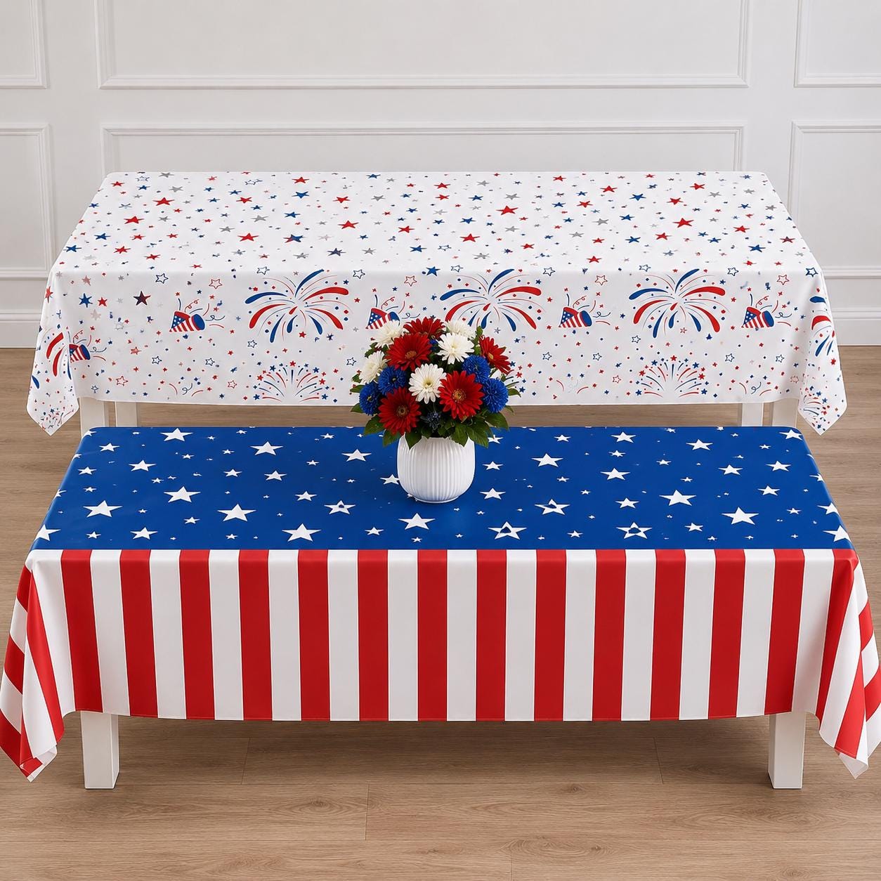 2 Pack Patriotic Tablecloths 54x108 Inch Disposable 4th of July Party Table Covers